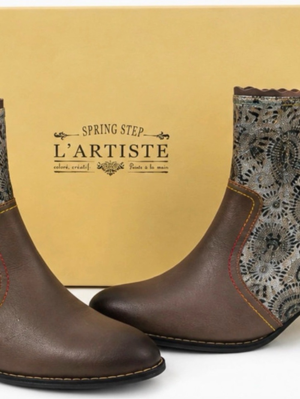 Spring Step Brown Leather Ankle Boots with Patterned Fabric Panels